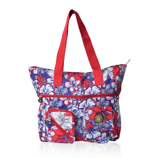 Red, White, Blue and Multi Colour Floral Pattern Tote Bag With External Zipper Pocket (Size 39x39x7 