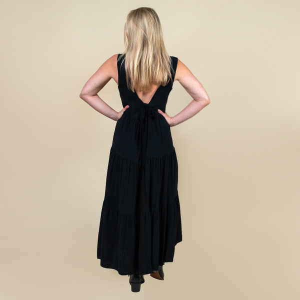 TAMSY 100% Viscose Open Back Midi Dress One Size,  (Fits Size 8-20 ) - Black