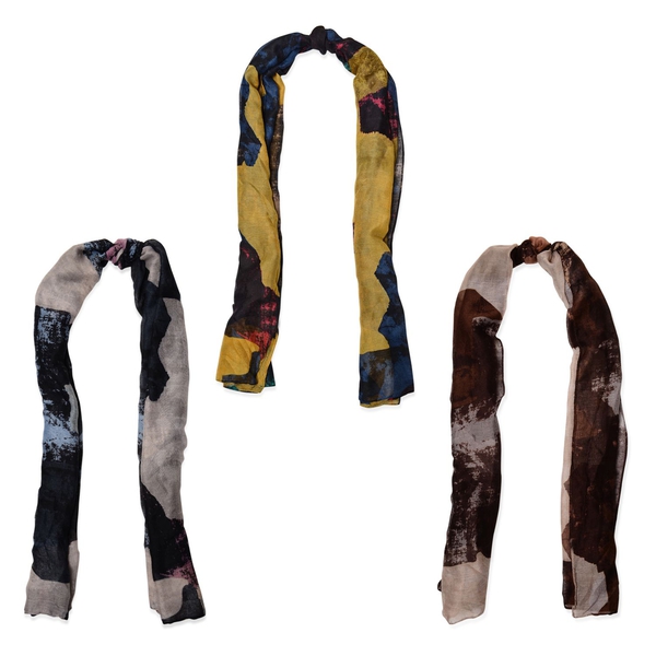 Set of 3 - Yellow, Blue, Chocolate and Multi Colour Scarf (Size 175x90 Cm)