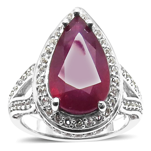African Ruby (Pear 5.35 Ct), White Topaz Ring in Rhodium Plated Sterling Silver 6.000 Ct.