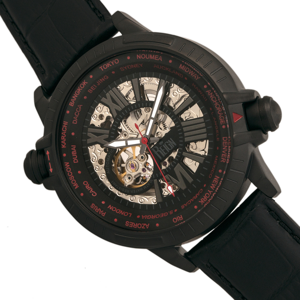 Reign Thanos Automatic Movement Skeleton Dial Water Resistant Watch with Stainless Steel Case and Genuine Leather Strap - Black & Red
