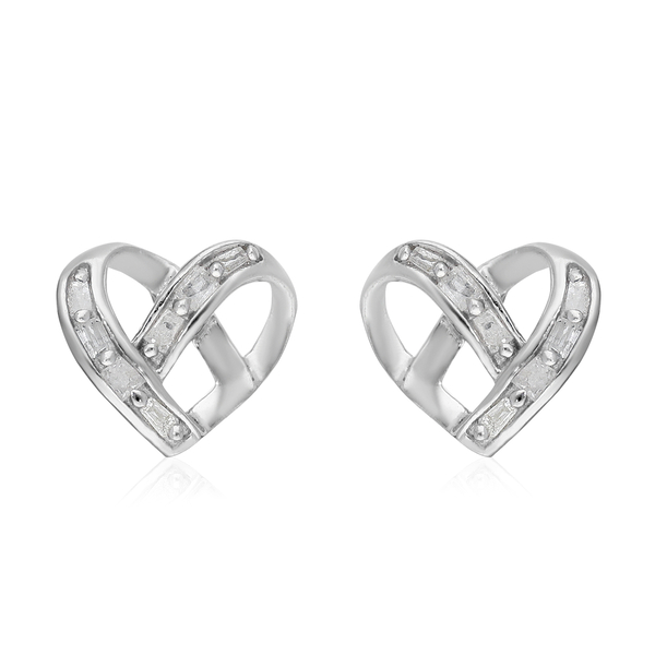 Diamond Heart Stud Earrings (with Push Back) in Platinum Overlay Sterling Silver 0.10 Ct.