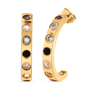 Amethyst and Multi Gemstones J Hoop Earrings with Push Back in Yellow Gold Vermeil Overlay Sterling 