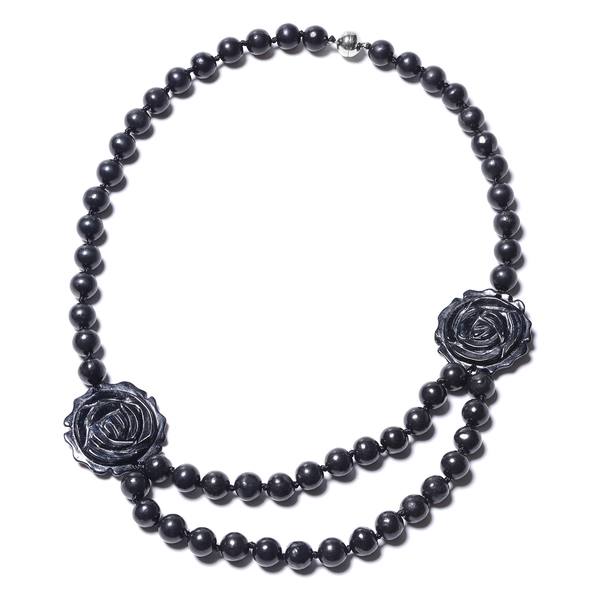 447.50 Ct Flower Carved Black Jade and Shungite Beaded Necklace in Rhodium Plated Silver 20 Inch