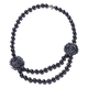 447.50 Ct Flower Carved Black Jade and Shungite Beaded Necklace in Rhodium Plated Silver 20 Inch