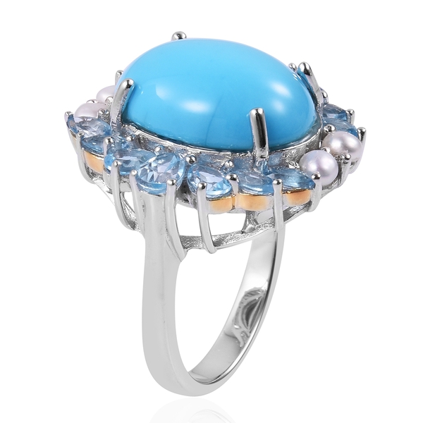 Arizona Sleeping Beauty Turquoise (Ovl 6.50 Ct), Swiss Blue Topaz and Freshwater Pearl Ring in Rhodium and Yellow Gold Overlay Sterling Silver 9.310 Ct. Silver wt 5.73 Gms.