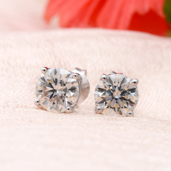 Moissanite Solitaire Stud Earrings (With Push Back) in Rhodium Overlay Sterling Silver 2.00 Ct.