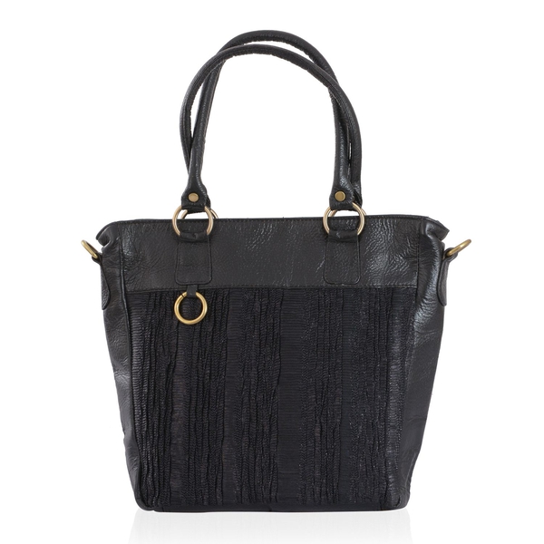 Genuine Leather Black Colour Hand Bag with Adjustable and Removable Shoulder Strap (Size 26x35x6.5 Cm)