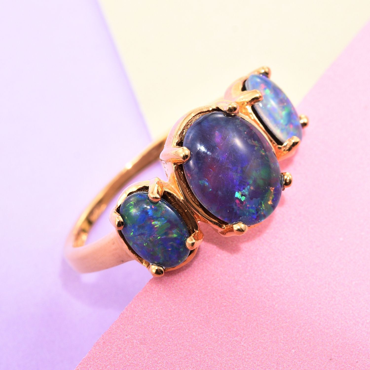 Australian Boulder Opal (Ovl 1.65 Ct) 3 Stone Ring in 14K Gold Overlay Sterling Silver 2.750 Ct.