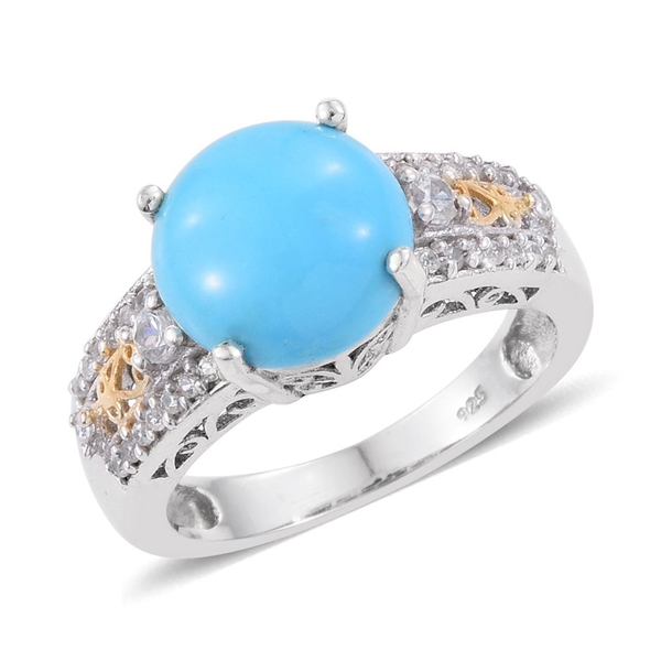 3 Carat Turquoise and Zircon Solitaire Ring in Platinum and Gold Plated Silver