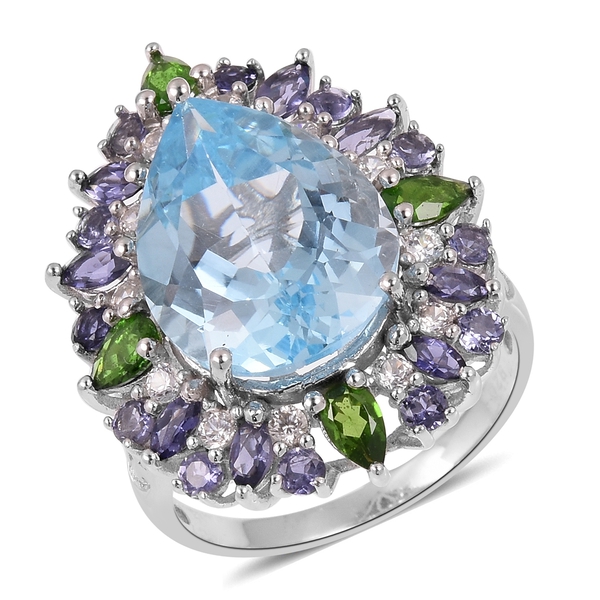 Sky Blue Topaz and Multi Gemstone Floral Ring in Rhodium Plated Silver 6.48 Grams,16.62 Ct