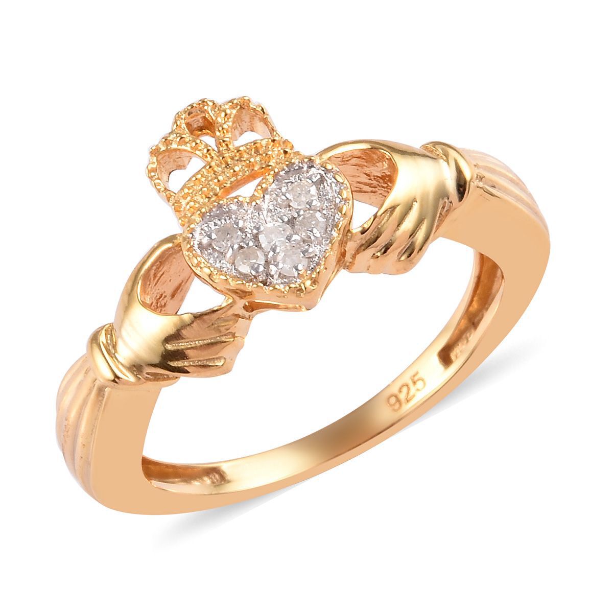 Diamond Claddagh Ring in Gold Overlay Sterling Silver.