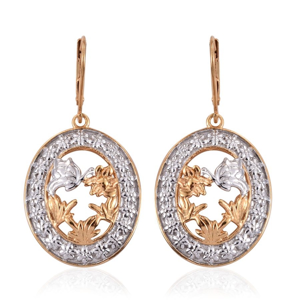 Yellow Gold and Platinum Overlay Sterling Silver Butterfly and Floral Lever Back Earrings, Silver wt