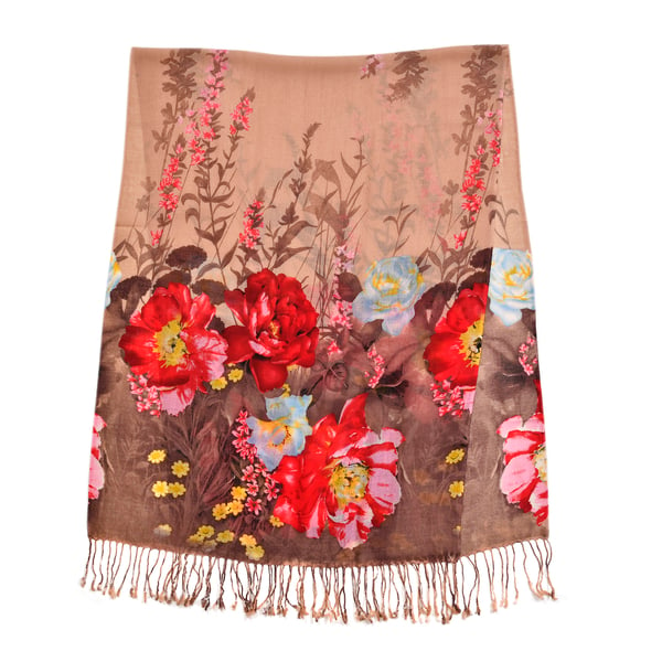 LA MAREY Merino Woolen Floral Pattern Scarf  - Brown
