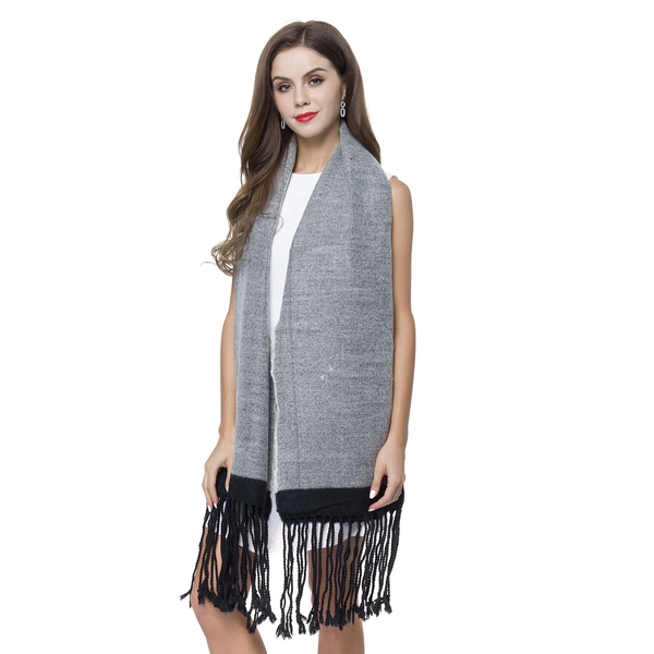 One Time Close Out Deal- Grey and Black Colour Scarf with Tassels (Size 190X70 Cm)