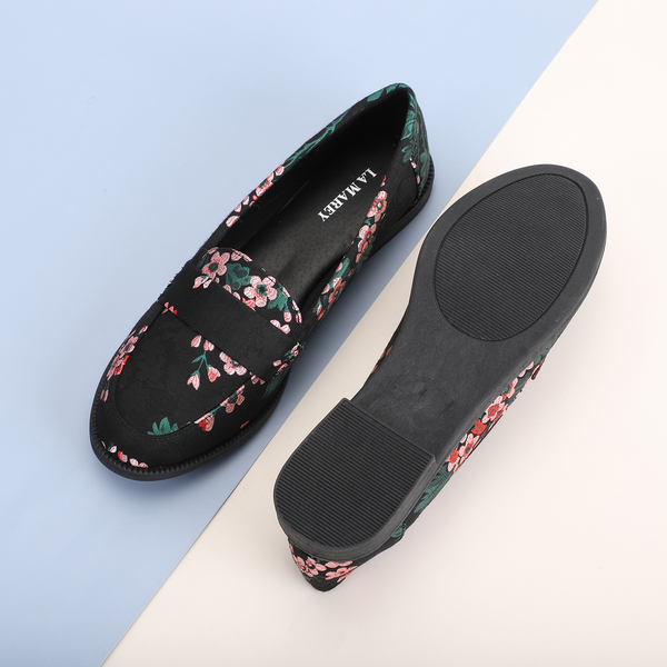 LA MAREY Loafer Embroidery Shoes - Black & Pink