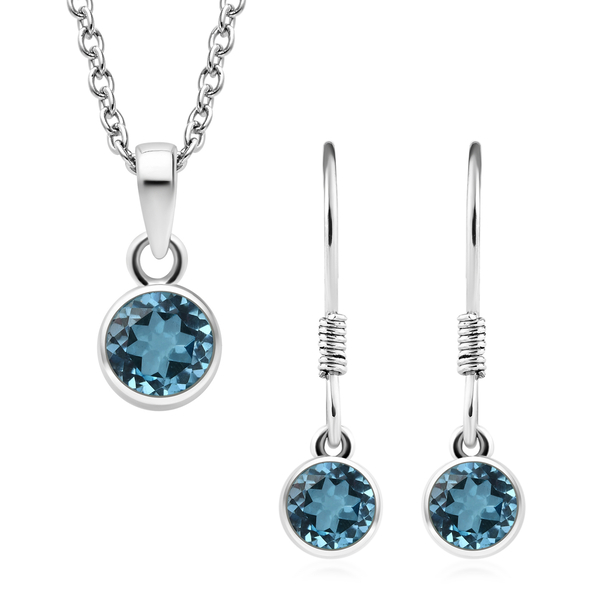2 Piece Set - Swiss Blue Topaz Pendant & Hook Earrings in Platinum Overlay Sterling Silver With Stai