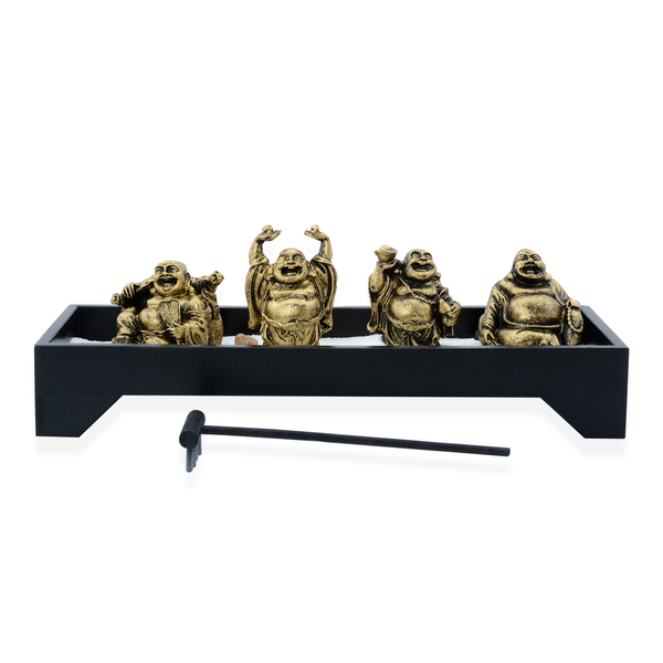 Home Decor - Golden Colour Resin Four Laughing Buddha with Sand and Stones in Rectangle Shape Base with Wodden Zen Rake