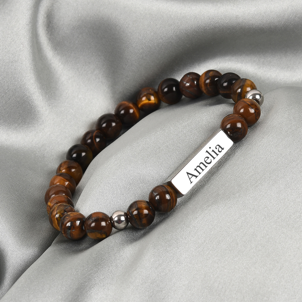 Yellow Tigers Eye Beaded Bracelet (Size 7) with Stainless Steel Bar 98.00 Ct.