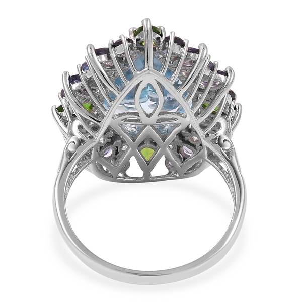 Sky Blue Topaz (Pear 13.75 Ct), Chrome Diopside, Iolite and Natural White Cambodian Zircon Floral Ring in Rhodium Overlay Sterling Silver 16.615 Ct. Silver wt 6.14 Gms.