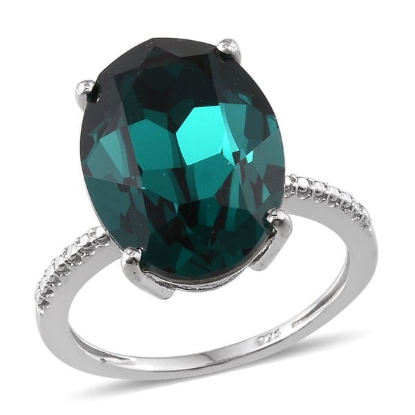 Lustro Stella  - Emerald Colour Crystal (Ovl) Ring in Platinum Overlay Sterling Silver