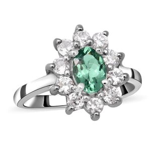 Emeraldine Apatite and Natural Cambodian Zircon Ring in Rhodium Overlay Sterling Silver 1.65 Ct.