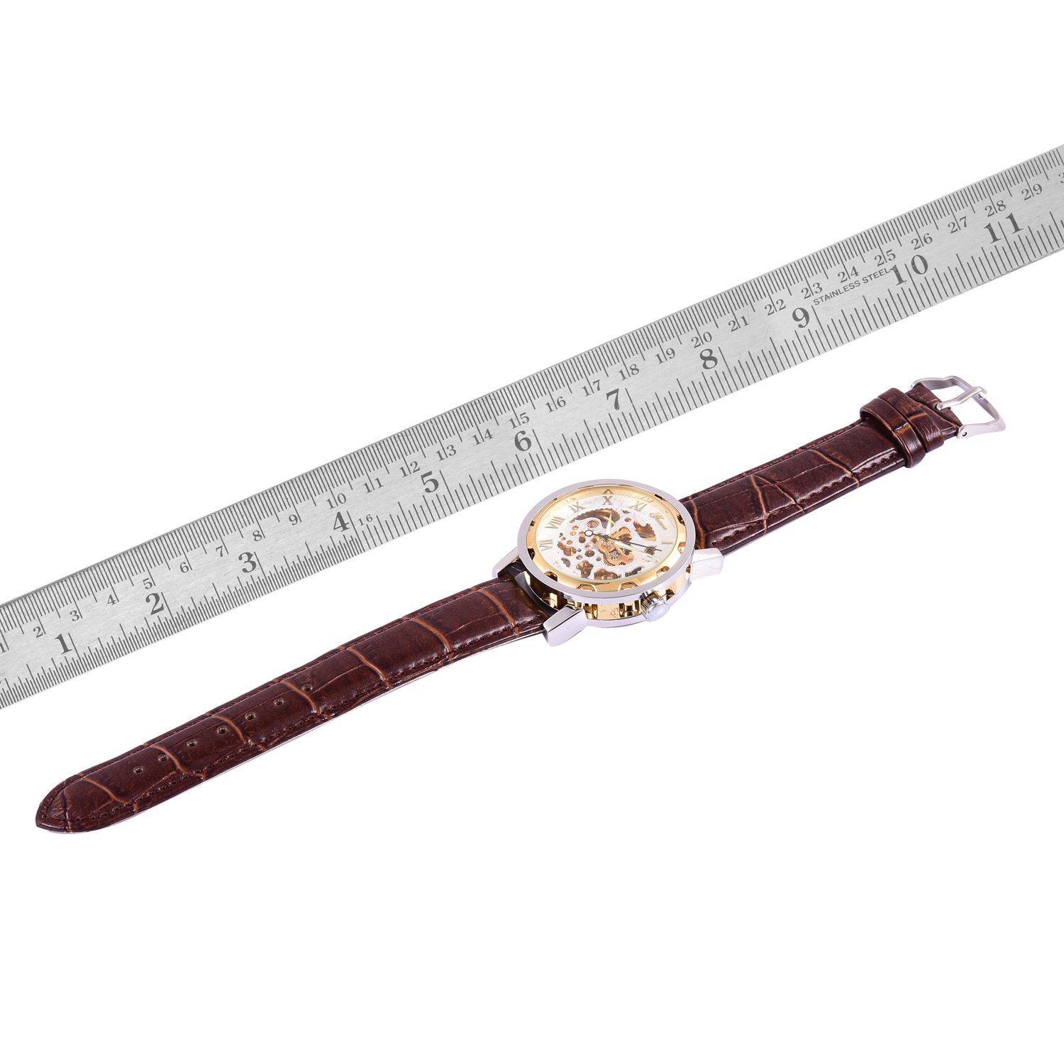 GENOA Automatic Skeleton White and Golden Dial Water Resistant Watch in Silver Tone with Stainless Steel Back and Black Strap