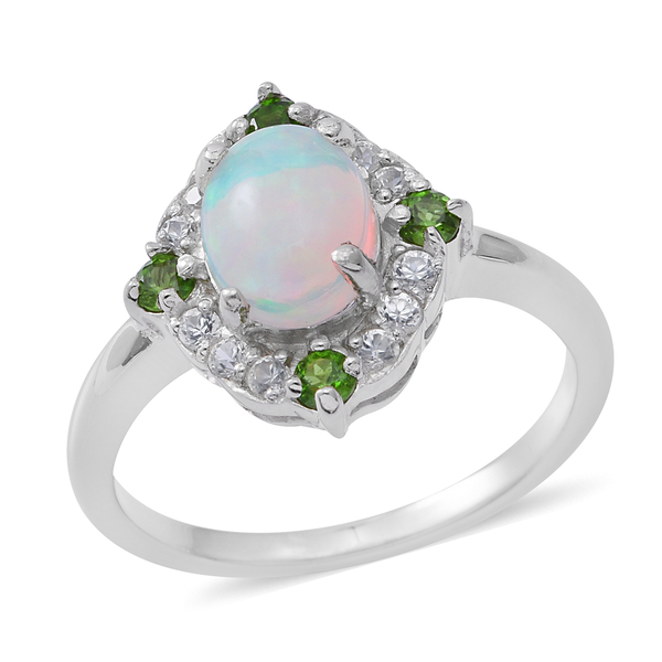Ethiopian Welo Opal (Ovl 9x7mm 1.42 Ct), Chrome Diopside and Natural White Cambodian Zircon Ring in 