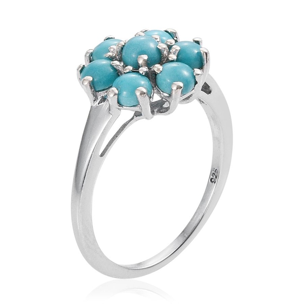 Kingman Turquoise (Rnd) 7 Stone Floral Ring in Platinum Overlay Sterling Silver 1.750 Ct.