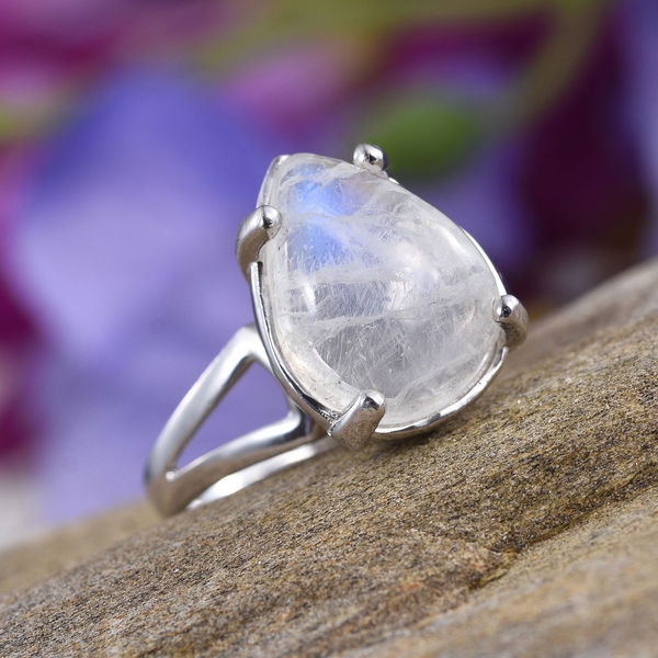Natural Rainbow Moonstone (Pear) Solitaire Ring in Platinum Overlay Sterling Silver 7.000 Ct.