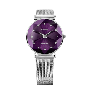 Jowissa -Facet Swiss Water Resistant Purple Dial Bracelet Watch with Star Cut and Stainless Steel Mesh Style Strap