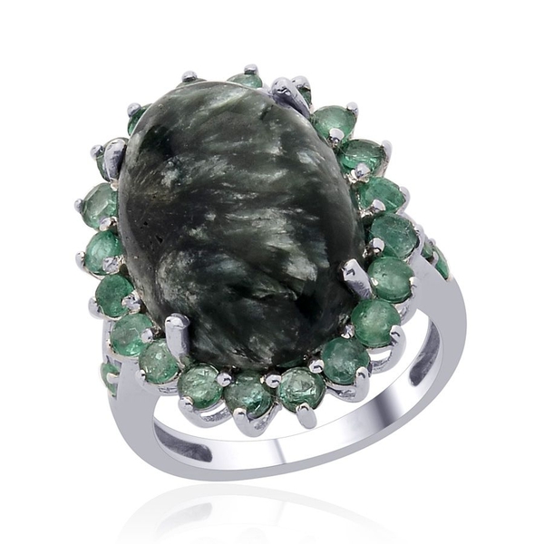 Siberian Seraphinite (Ovl 9.50 Ct), Kagem Zambian Emerald Ring in Platinum Overlay Sterling Silver 1
