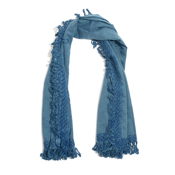 Designer Inspired Light Blue Colour Scarf with Floral Pattern Lace and Fringes at the Boundaries (Size 130x130 Cm)