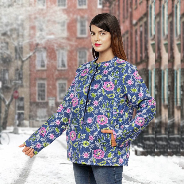 Handmade Printed Reversible Quilted Full-Sleeves Short Jacket in Navy - (Size S,10 )