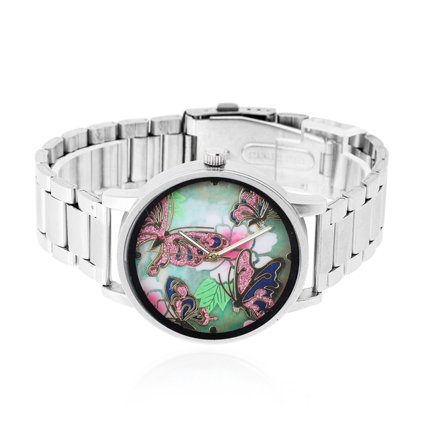 STRADA Japanese Movement Butterfly Pattern Dial Water Resistant Watch with Silver Colour Chain Strap