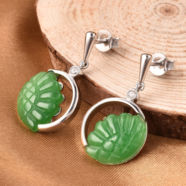 Green Jade and Natural Cambodian Zircon Sunflower Design Drop Earrings in Rhodium Overlay Sterling Silver 7.25 Ct.