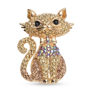 Multi Colour Austrian Crystal Cat Brooch Come Pendant in Yellow Gold Tone