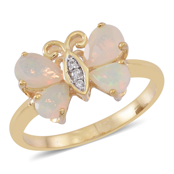 Ethiopian Welo Opal (Pear), Natural Cambodian White Zircon Butterfly Ring in 14K Gold Overlay Sterli