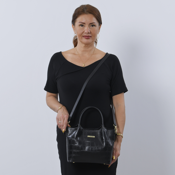 LA MAREY 100% Genuine Leather Croc Embossed Convertible Bag with Detachable Strap (Size 26x21x13 Cm) - Black