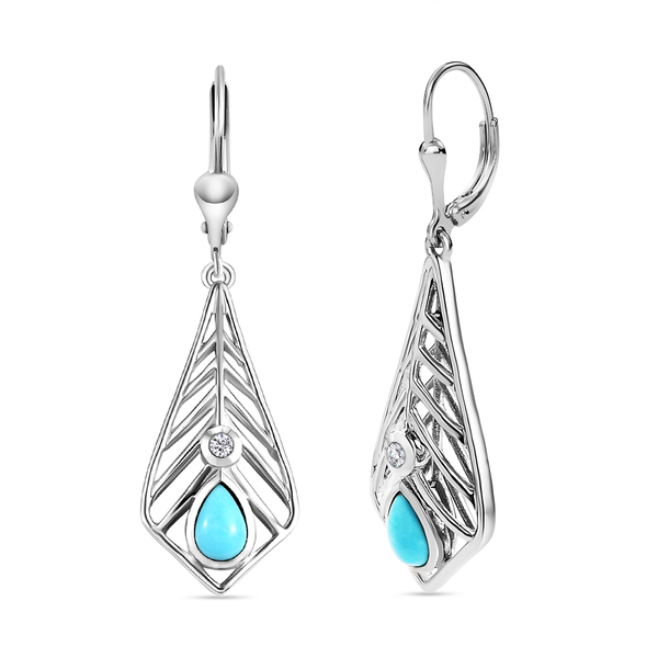 Arizona Sleeping Beauty Turquoise and Natural Cambodian Zircon Dangling Earrings ( With Lever Back) in Platinum Overlay Sterling Silver