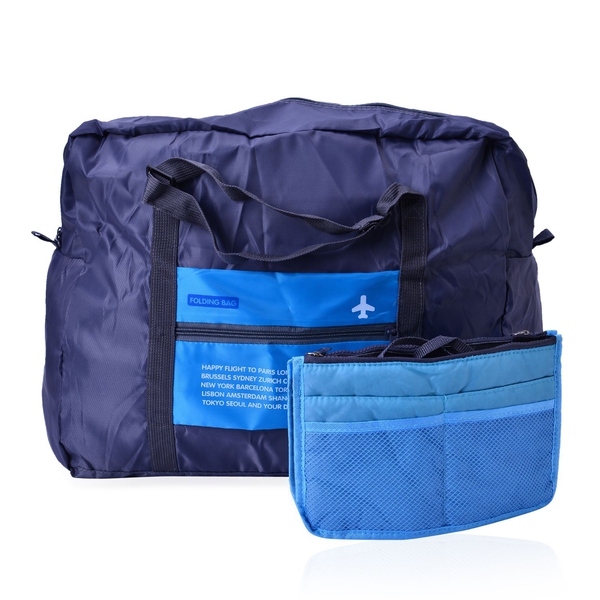 Set of 2 - Blue Colour Foldable Waterproof Travel Bag and Storage Bag (Size 42x35x17 Cm and 26.5x16x