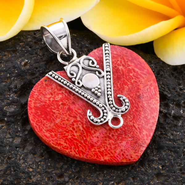 Royal Bali Collection - Red Sponge Coral Heart Pendant in Sterling Silver