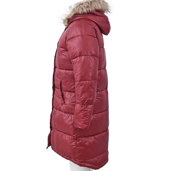 Women Long Puffer Jacket with Faux Fur Trim Hood and Two Pockets in Wine Colour