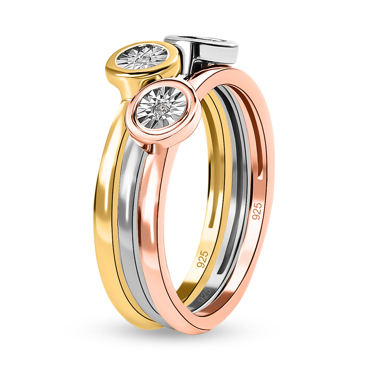 Set of 3 - Diamond Stackable Ring in Platinum Overlay and 18K Rose and Yellow Gold Vermeil Plated Sterling Silver 0.03 Ct.