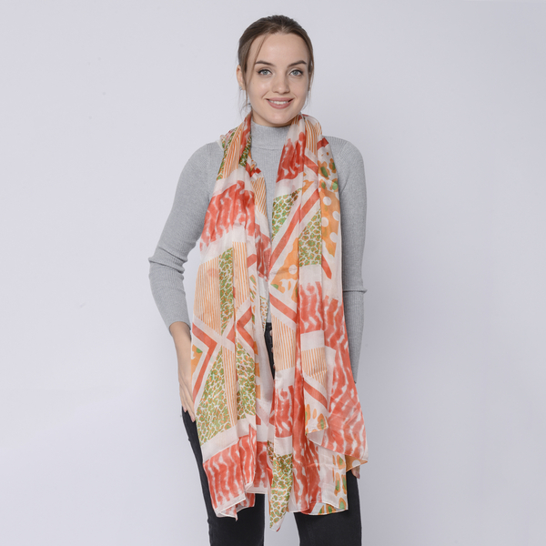 LA MAREY 100% Mulberry Silk Dot and Abstract Pattern Scarf (Size:175x110Cm) - Red and Multi