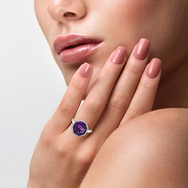 OCTILLION CUT Lusaka Amethyst Solitaire Ring in Rhodium Overlay Sterling Silver 6.45 Ct.