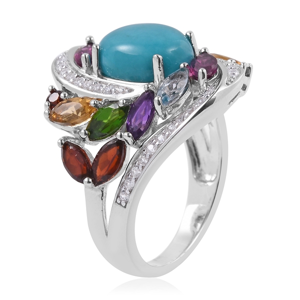 Turquoise (Ovl), Multi Gemstone Floral Marvelous Ring in Rhodium Overlay Sterling Silver 4.887 Ct, Silver wt 5.14 Gms.