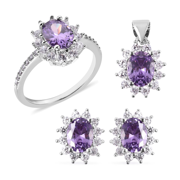 3 Piece Set - Simulated Amethyst and Simulated Diamond Sunburst Theme Ring, Stud Earrings (with Push