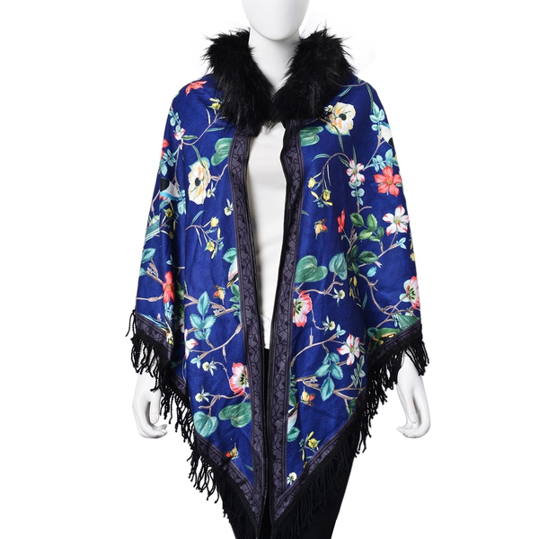 Designer Inspired Blue Floral and Birds Pattern Faux Fur Collar Reversible Poncho with Tassels (Free