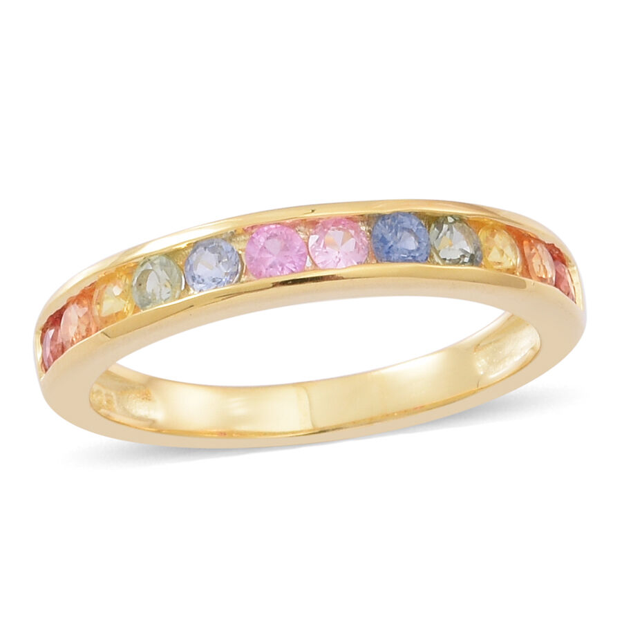 Rainbow Sapphire (Rnd) Half Eternity Band Ring in Yellow Gold Overlay Sterling Silver 1.000 Ct.